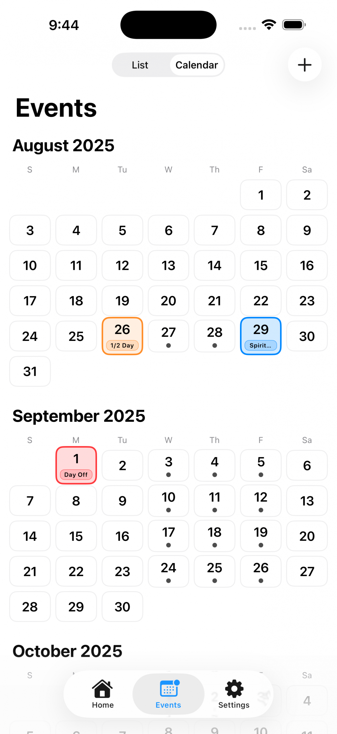Calendar view screenshot
